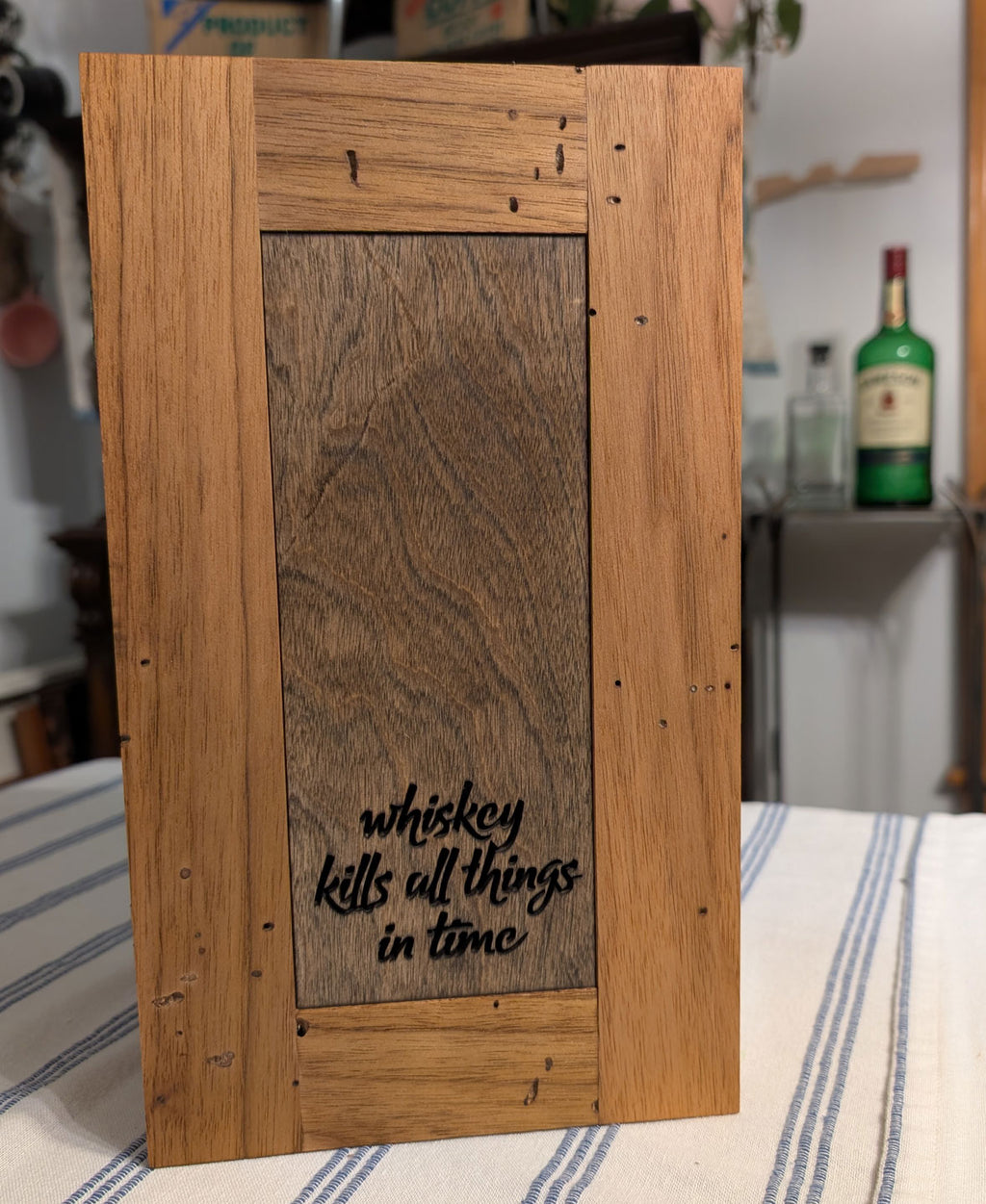 Whiskey box with 'whiskey kills all things in time' engraving